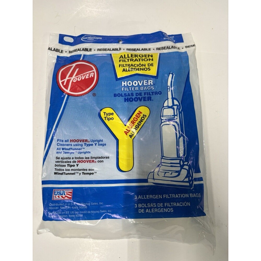 Hoover Type Y Allergen Filtration Vacuum Bags 4010100Y Genuine OEM 3 Pack Sealed